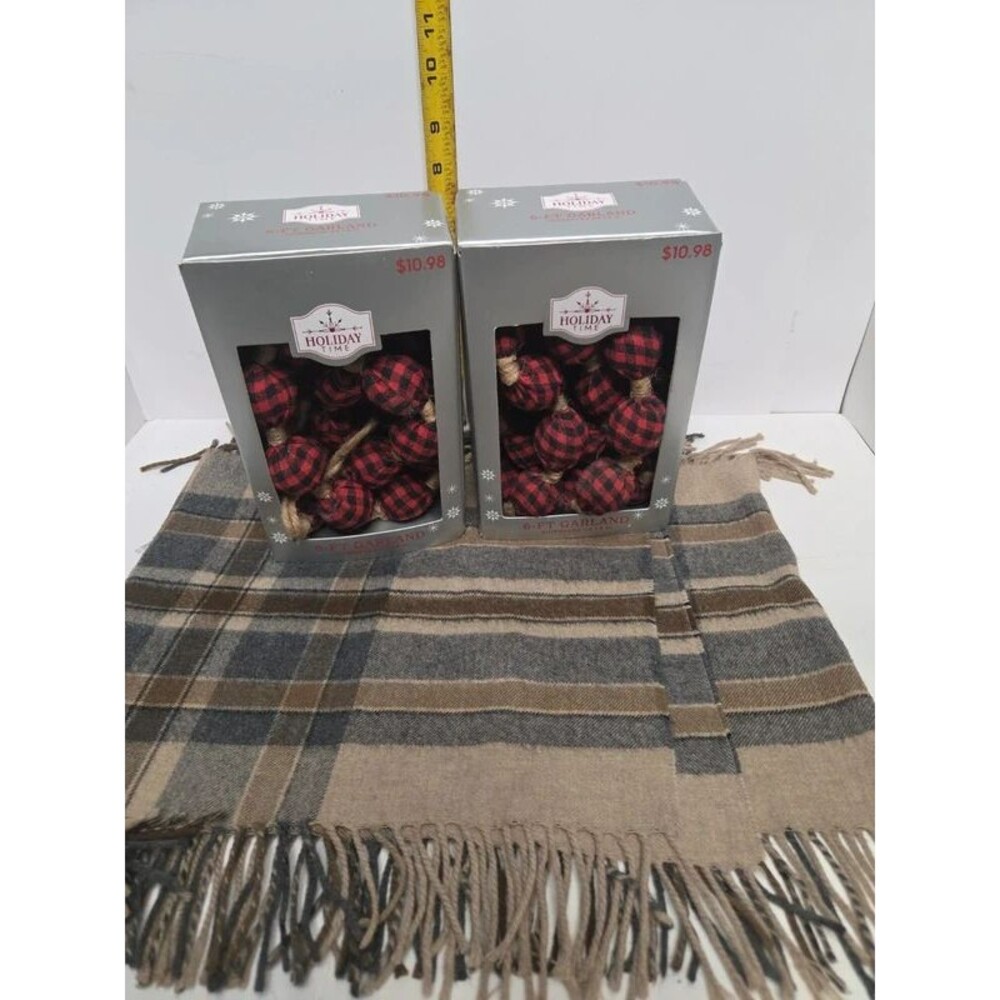 Christmas Decor Bundle: 2 Holiday Time Plaid Garlands & Matching Tartan Scarf